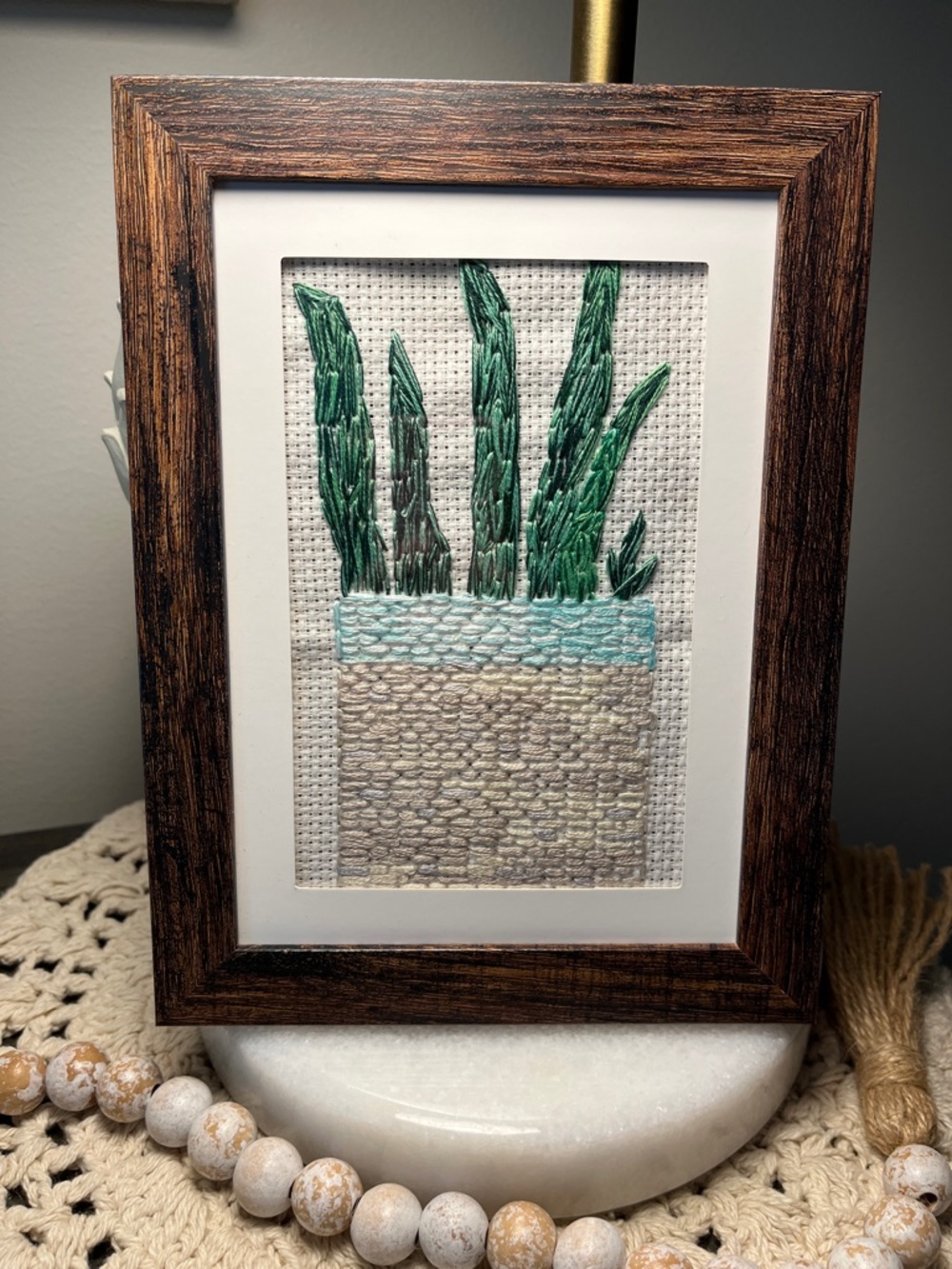 🍃 Framed Hand-Embroidered Potted Plant Artwork in Green and Beige
